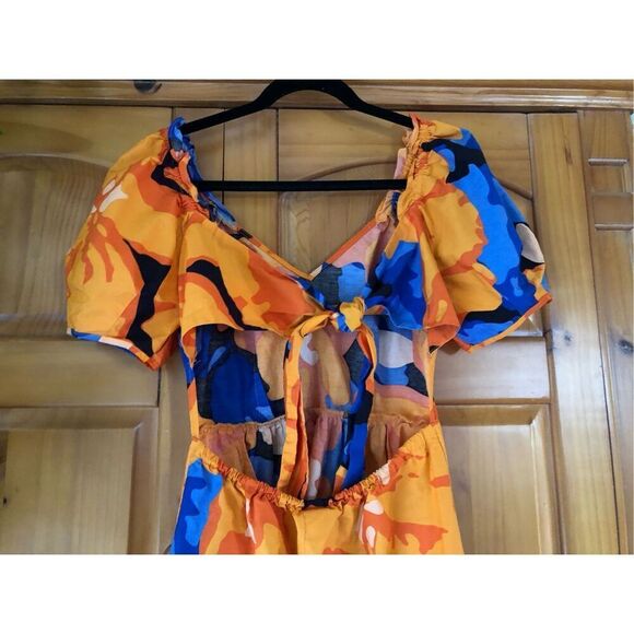 Tabitha Brown Tropical Floral Print Puff Sleeve Tie-Back Midi Dress SZ 4 - Picture 7 of 12